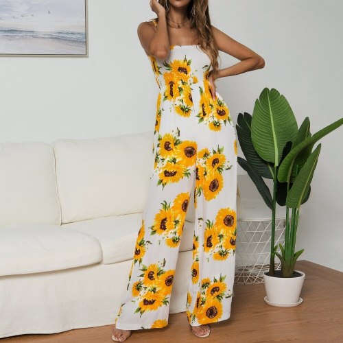 2021 Female New Product Sunflower Print Tie Jumpsuit Sexy Off Shoulder Sleeveless Holiday Style Rompers Women Backless Overalls