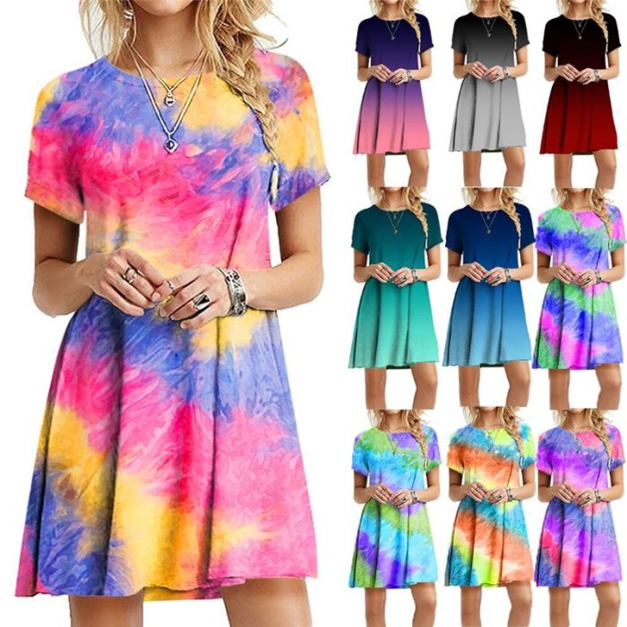 Plus Size S-5XL Gradient Print Women Dress Sundress New 2021 Short Sleeve Rainbow Tie-Dye Loose Casual Party Mini Dress Vestidos