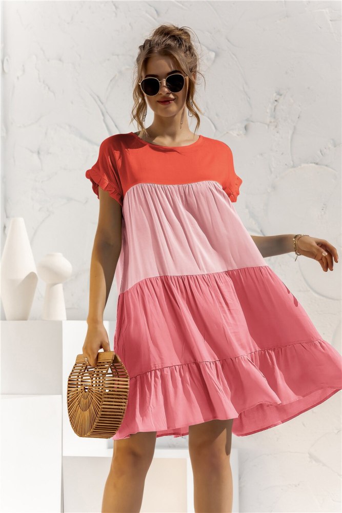 Women Loose Dress Short Sleeves Patchwork Contrast Color Summer Fashion 2021 New Casual Oversized Plus Size Ladies Robes Female