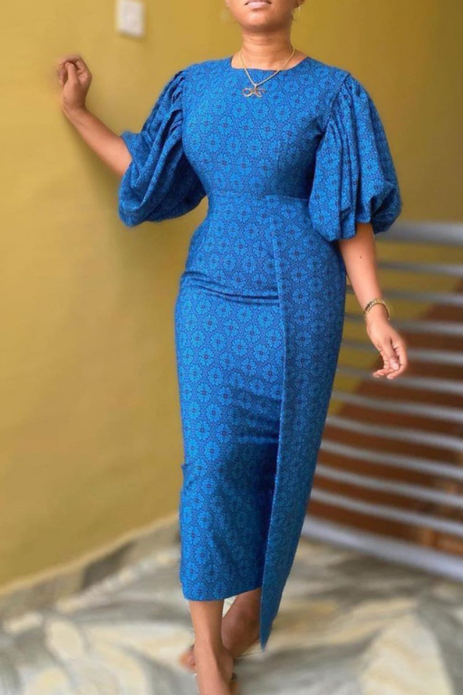 Women Print Long Dress O Neck Puff Sleeves Slim Party Occasion Elegant Classy Modest Female African Fashion Vestidos Robes Gowns