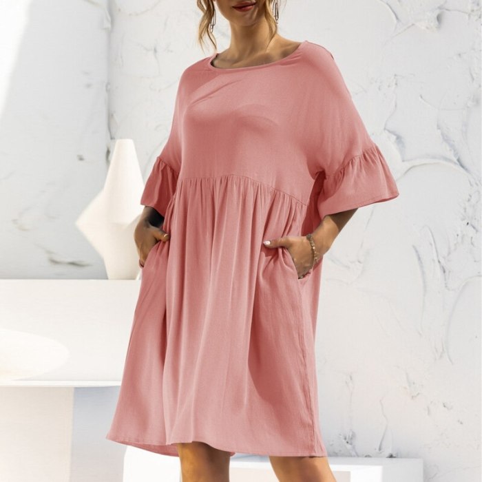Summer O-Neck Flare Sleeve Loose Dress Women Solid Color Casual High Waist Pockets Elegant Sweet Party Dress