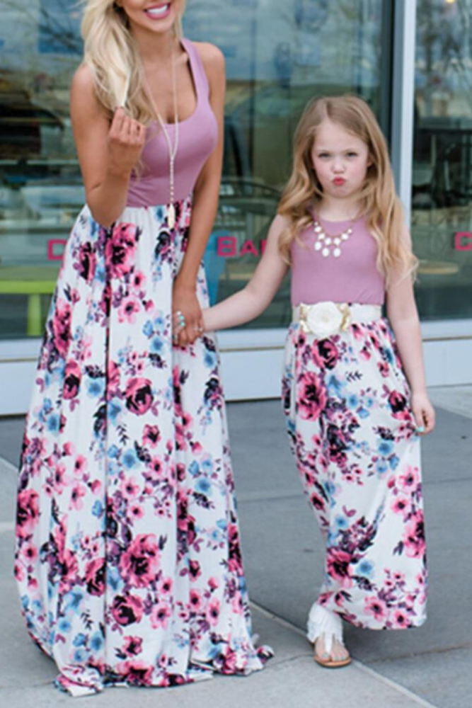 Women Girls Patchwork Family Dress Sleeveless O Neck Long Dress Family Look Matching Outfits Mommy and Me Clothes Maxi Vestidos