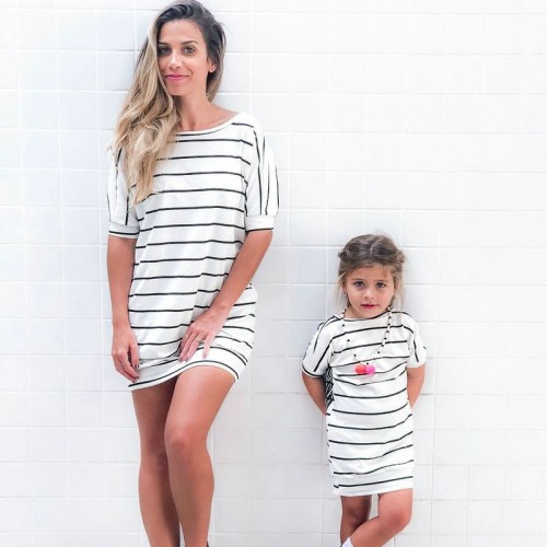 2021 Mother Daughter Short Sleeve Striped Dress Summer Family Matching Outfits Wings Dresses Mommy And Me Baby Girls Clothes