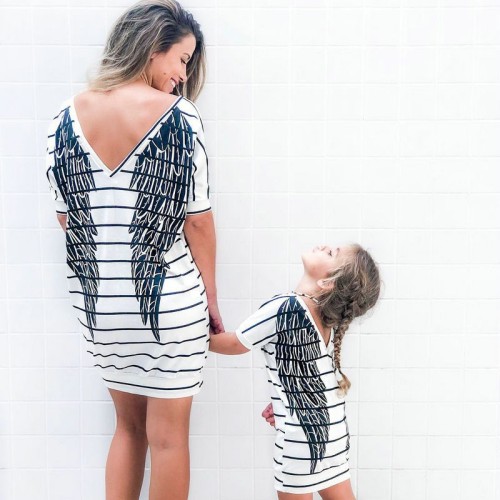 2021 Mother Daughter Short Sleeve Striped Dress Summer Family Matching Outfits Wings Dresses Mommy And Me Baby Girls Clothes