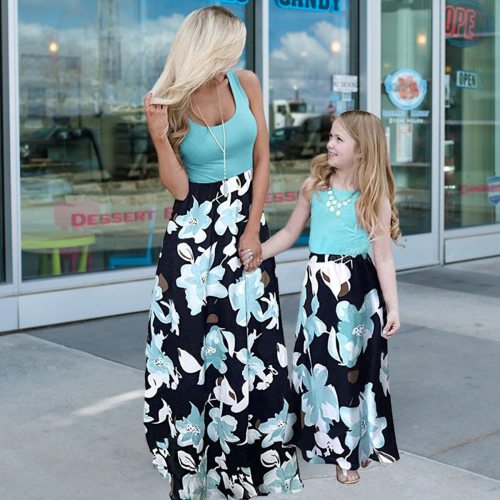 Casual Sleeveless Dress for Mother and Daughter Big Flower Women Long Dresses Family Match Wear Little Girls Birthday Party Look