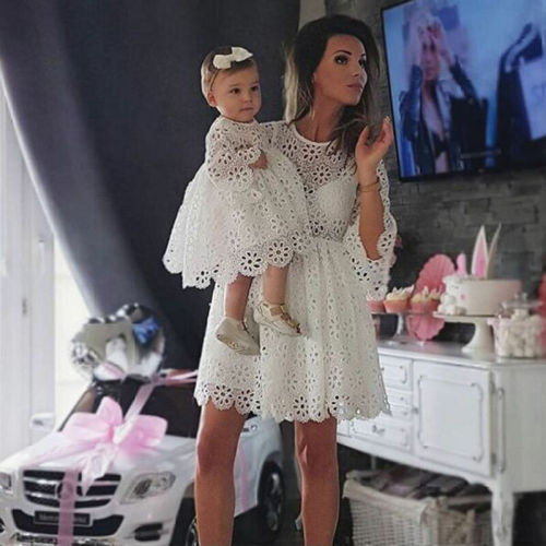 Fashion Family Matching Clothes Mother Daughter Dresses White Hollow  Floral Lace Dress Mini Dress Mom Baby Girl Party Clothes