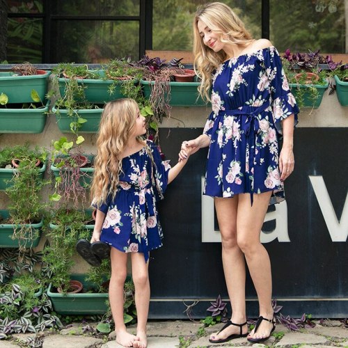 Summer Mommy and Daughter Slash Neck Short Dresses Spring Women Off-neck Floral Printed Family Dresswith Slashes Vestidos
