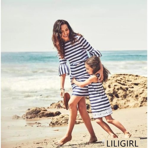 Family Matching Clothes Striped Lace Sleeve Long Sleeve Dress Mommy And Daughter Dress Family Look Clothes Mom And Me Outfits