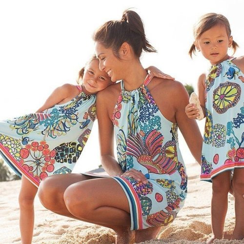 Sleeveless Mommy And Me Dresses Family Matching Mother Daughter Clothes Women Kids Girls Floral Beach Mini Dress Family Look