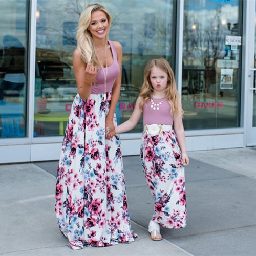 Women Girls Patchwork Family Dress Sleeveless O Neck Long Dress Family Look Matching Outfits Mommy and Me Clothes Maxi Vestidos