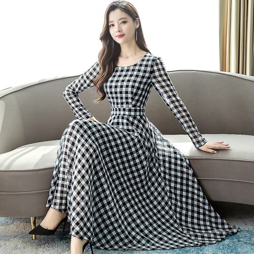 2021 Korea Vintage Plus Size Midi Dress Autumn Winter Chiffon Plaid Casual Dress Elegant Women Full Sleeve Party Bodycon Vestido