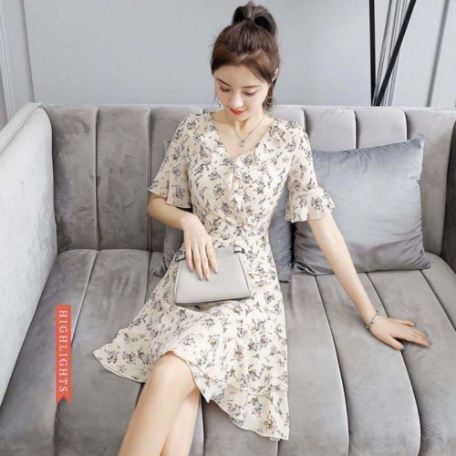Women's 2021 summer new style casual fashion trendy high show floral chiffon dress V-neck lotus leaf skirt