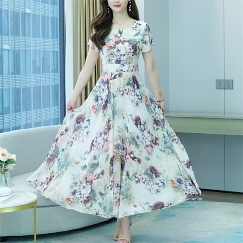 Casual Floral Printed A-line Dress Summer Slim Boho Chiffon Party Dress Women Retro Long Big Swing Dress Vestidos