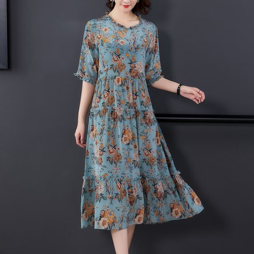 2021 Summer Mulberry Silk High Quality Midi Dress Fashion Vintage 3XL Plus Size Print Runway Dress Elegant Women Bodycon Vestido