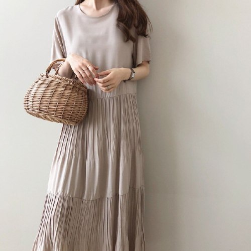 All-match Temperament Elegant O Neck Short Sleeve Pleated Dress Women Loose Vintage Korean Chic Fashion Clothing Summer