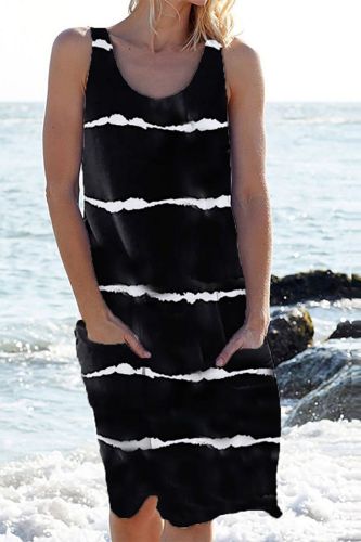 40# Women's Sundress Pockets Striped Print Casual Sleeveless Camisole Knee-length Tank Dress Beach Style Harajuku Dresses