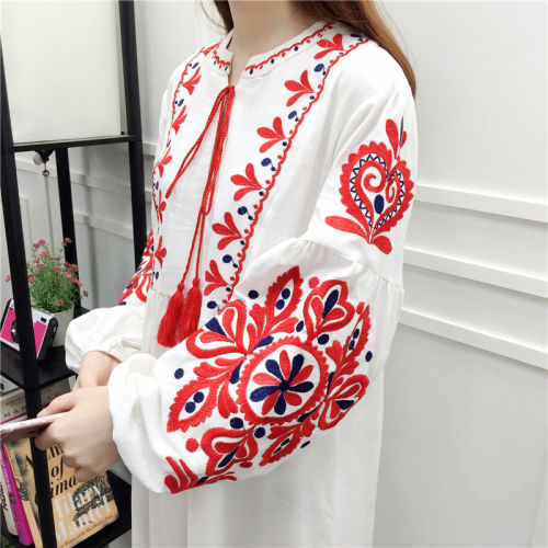 Vintage Tassel Embroidery Dresses Loose Long Lantern Sleeve A-Line Dress Cotton Linen Vestidos Bohemian