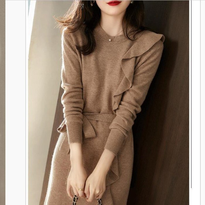 2021 Autumn New Medium Length Round Neck Knitted Dress Ruffled Lace Elegant Temperament Slim Women Sweater with Belt