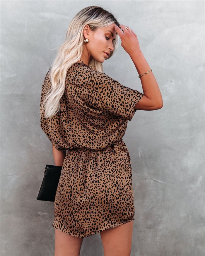 New Printed Leopard Women Summer Dress Sexy Bat Sleeves Summer CLothes Casual Sashes  Dress