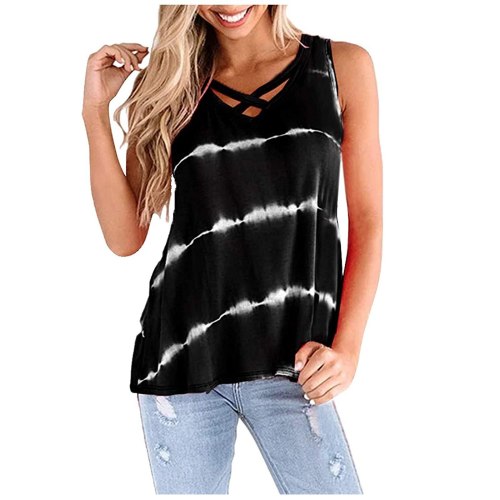 2021 New Summer Top Women Short Sleeve Printed Tops Women's Fashion Casual V-neck Top Cross Strap Sleeveless Loose Tank Top