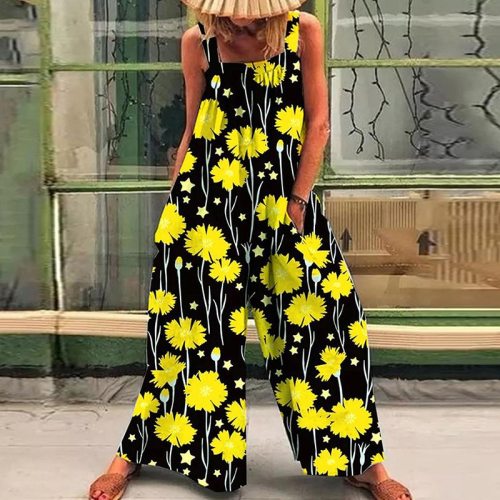 Fashion Summer Daisy Print Pocket Rompers Elegant Women Sleeveless Jumpsuits 2021 Loose Sling Cargo Overall Playsuits Streetwear