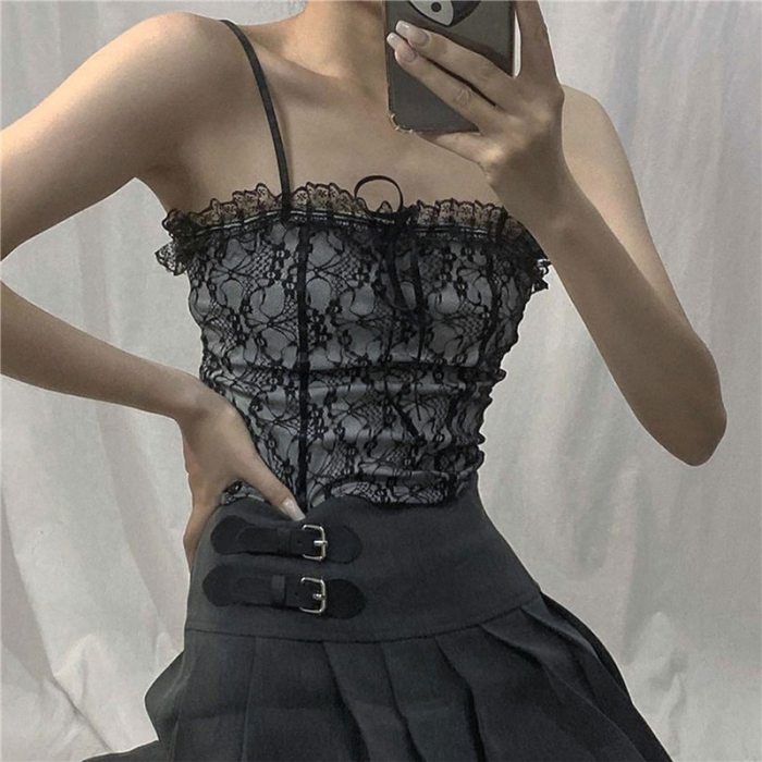 Women Sexy Camis Tops Summer Lace Trimming Spaghetti Straps Vest Sleeveless Formfitting Braces Slim Fit Short Camisole for Girls