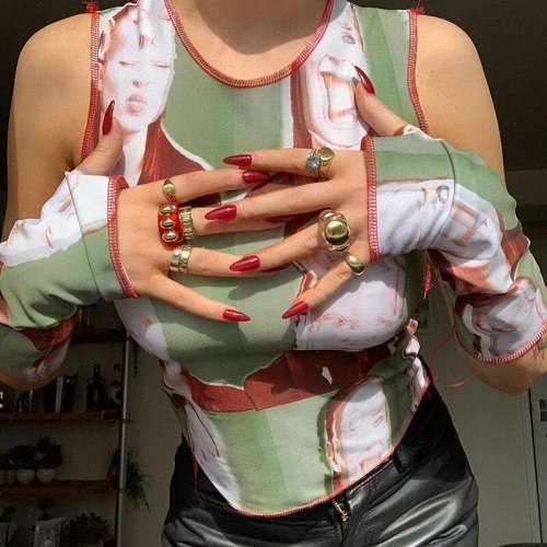 Printed Tank Top With Gloves Y2K Aesthetic Gothic Cool Slim Sleeveless Green Top Women 2021 Casual Streetwear 90S