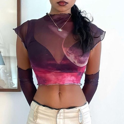 Tie Dye Printed Y2k Crop Top With Gloves Summer Women's Mesh T-Shirt For Girls Fashion 2021 Sexy See Through Tee Pullovers Shirt