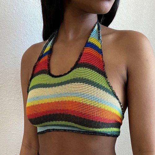 Rainbow Striped Print Knitted Bustier Cropped Halter Tank Tops Fashion Summer Women's Clothing 2021Pulovers Tee Shirts Outfits
