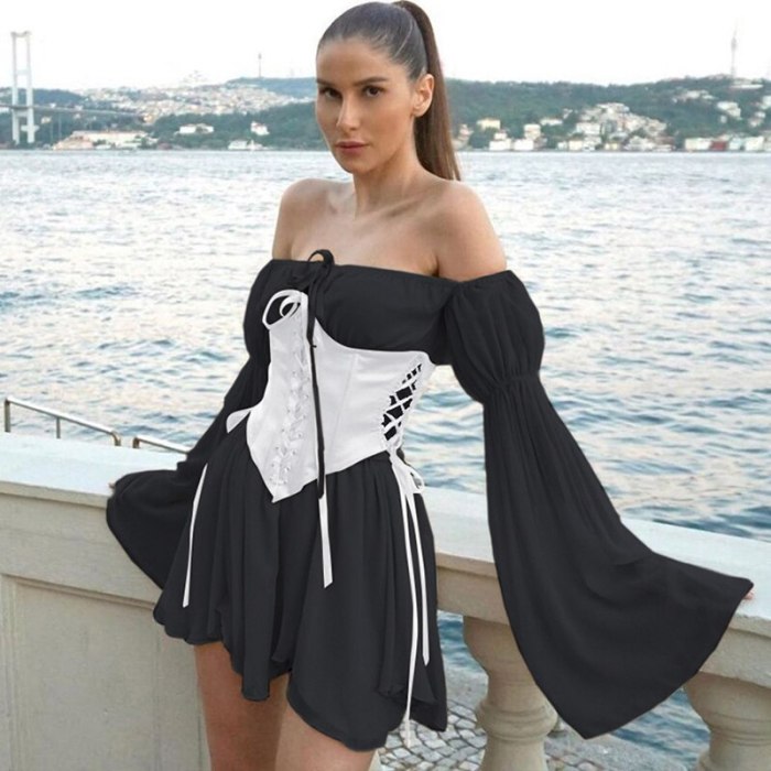 Beach Style Vintage Chiffon Dress With Corset Bandage Hollow Out Bustier Prairie Chic Flare Sleeve Dresses 2 Pieces Set