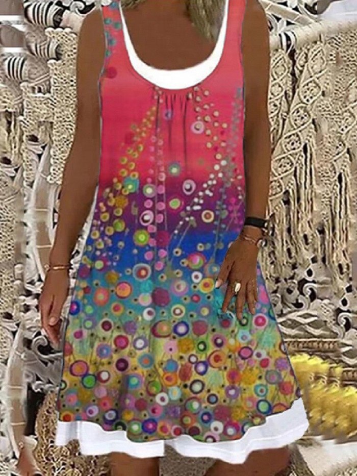 Summer Women's Dresses Women Fashion Loose Casual Sleeveless Floral Print Splice Round Neck Summer Dress