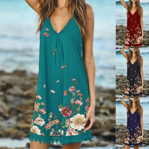 Summer V-neck Sleeveless Dress Loose Rest Beach Vacation Mid-length Dress with Adjustable Straps 2021 Women Fashion Clothing