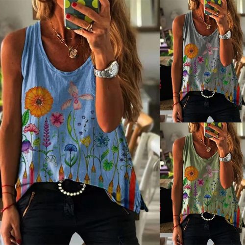 2021 Summer Women's Printed Vest Tops Casual Loose Fashion T-shirt Sleeveless V-neck Cool Tank Tops
