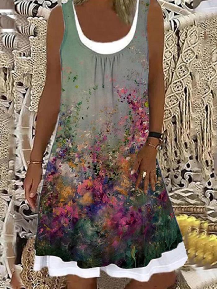 Summer Women's Dresses Women Fashion Loose Casual Sleeveless Floral Print Splice Round Neck Summer Dress