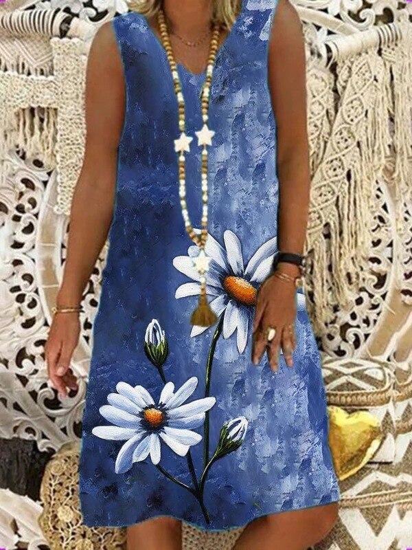 Women's Summer Flower Printing Strap Dress Vintage Loose Plus Size V-Neck Sleeveless Dress Vestidos Women Beach Sundress