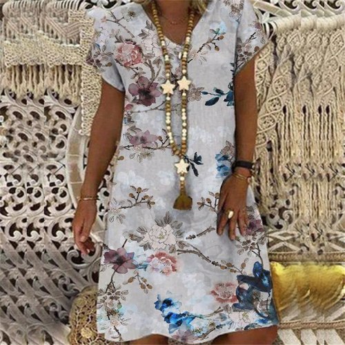 Summer Fashion Rose Print Short-sleeved V-neck Dress Loose Casual Midi Dress  Plus Size Vacation Beach Dress