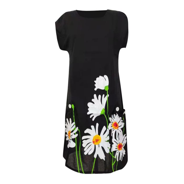 Fashion Women Loose Dress Loose Sunflower Print Short Sleeves Pocket O-neck Casual Summer Dress Vestidos Beach Dresses Femme