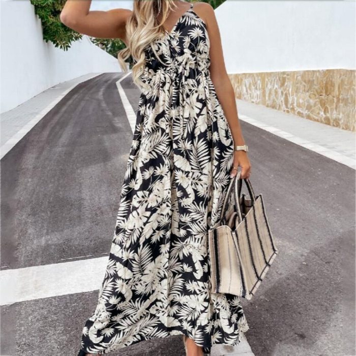 Women's Elegant Sleeveless Sling Print  Vacation Dress