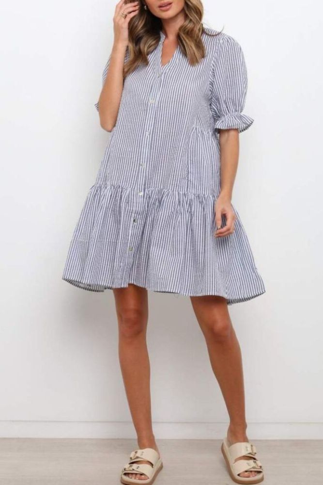 Casual Loose Patchwork Mini Shirt Dress For Women 2021 Summer New Striped Print Single-Breasted Short-Sleeved Dress Robes Femme