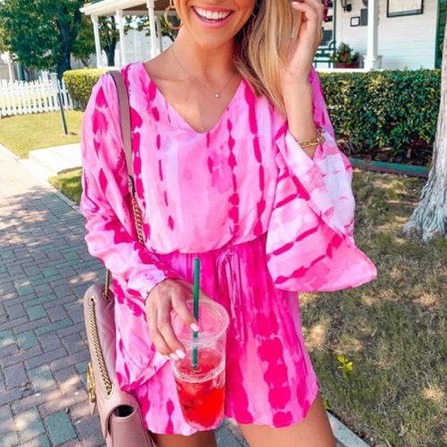 2021 Autumn Spring Casual New Tie-dye Baggy V Neck Long Sleeve Lace-Up Women Playsuit Jumpsuit Bright Pink Shorts Beach Rompers