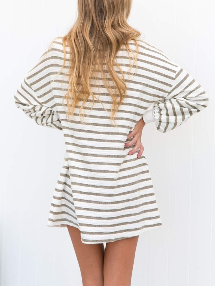 Vintage Striped Women Dress Casual Loose O-Neck Long Sleeve Spring Autumn Lady Dresses