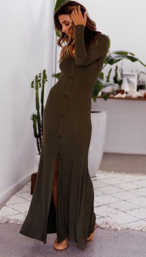 Vintage Trumpet Single Breasted Ankle Length Woman Dresses Spring Autumn Long Sleeve V-Neck Knit Female Knit Dresses