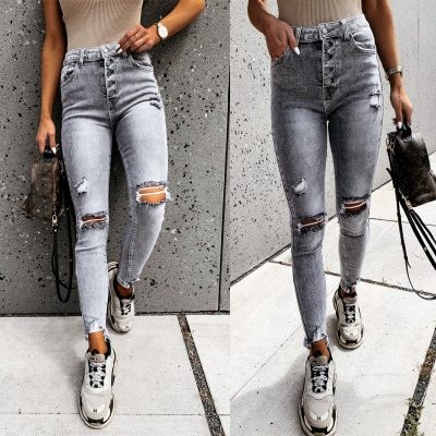 Stylish Gray Skinny Jeans Women Streetwear High Waist Ripped Holes Pencil Jeans Stretchable Female Jeans Summer Women Pants
