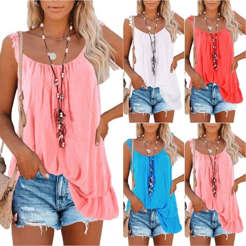 Women Summer Sleeveless Tank Top Lace Sling Plain Double Stitching Blouse Casual