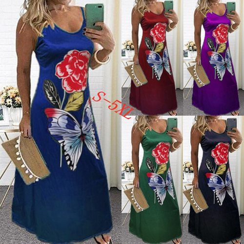 Summer Fashion Women's Sling Dress Butterfly Flower Print Long Dress Slim Casual Dress Plus Size  Maxi Dresses for Women Robe