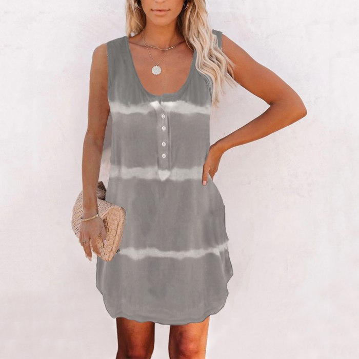 Womens Korean Dress Vintage Tank Tie-dye O-neck Summer Casual Sleeveless Loose Tee With Button Dresses For Women Casual