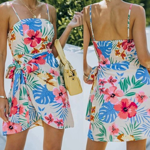 Sexy Blue Floral Print Slip Dress Women Split Party Belt Backless Dress Sleeveless Summer Mini Dresses Camis Vacation