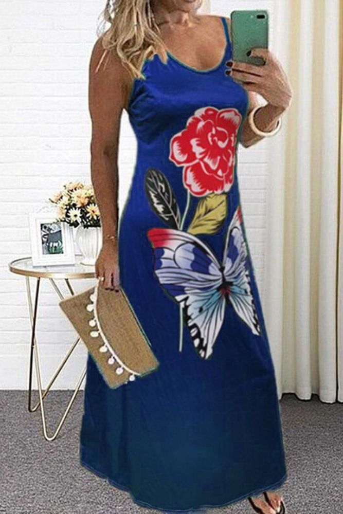 Summer Fashion Women's Sling Dress Butterfly Flower Print Long Dress Slim Casual Dress Plus Size  Maxi Dresses for Women Robe