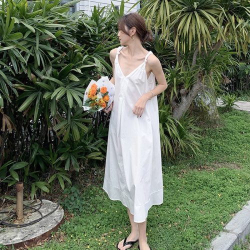 Summer Female Sexy Sling V-neck Halter Dress 2021 Solid Cotton Ruffles White Beach Long Dresses Casual Loose Sundress