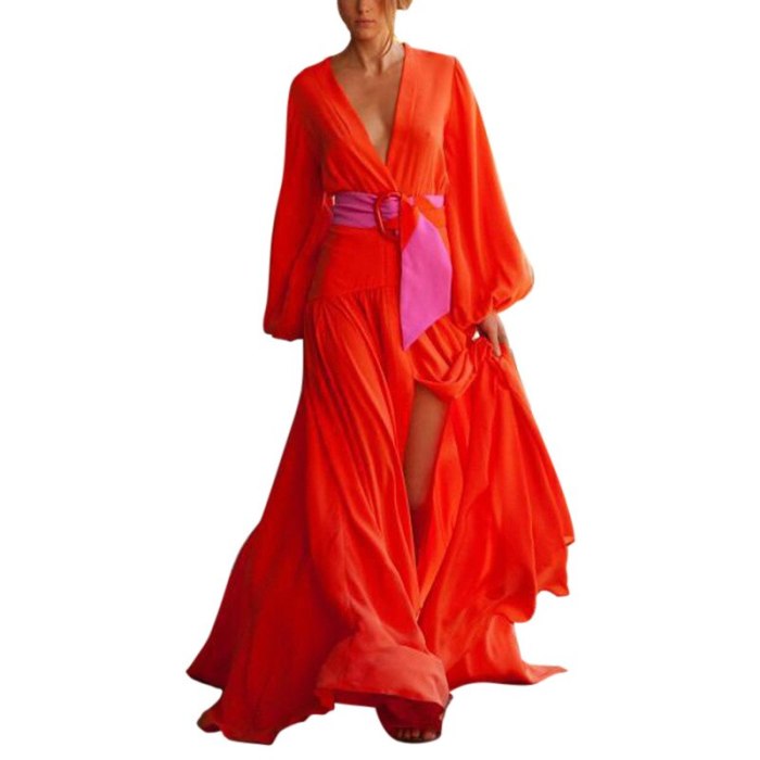 Solid Color Split Dress Women's Casual Lace-up Dress Summer Fashion Long Sleeve V-neck High Waist Dress
